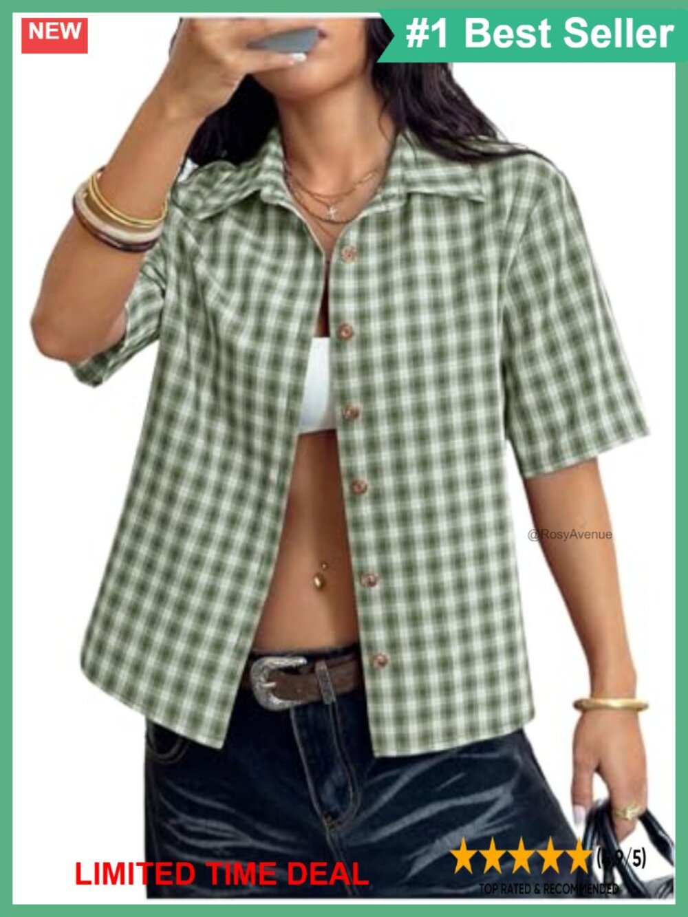 Women's Plaid Button Up Short Sleeve Gingham Blouse